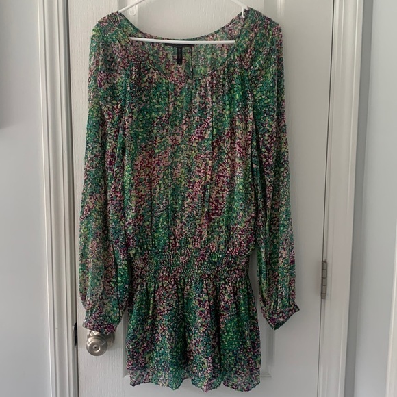 BCBGMAXAZRIA size S dotted mini dress 100% silk green purple layers tunic - Picture 2 of 15